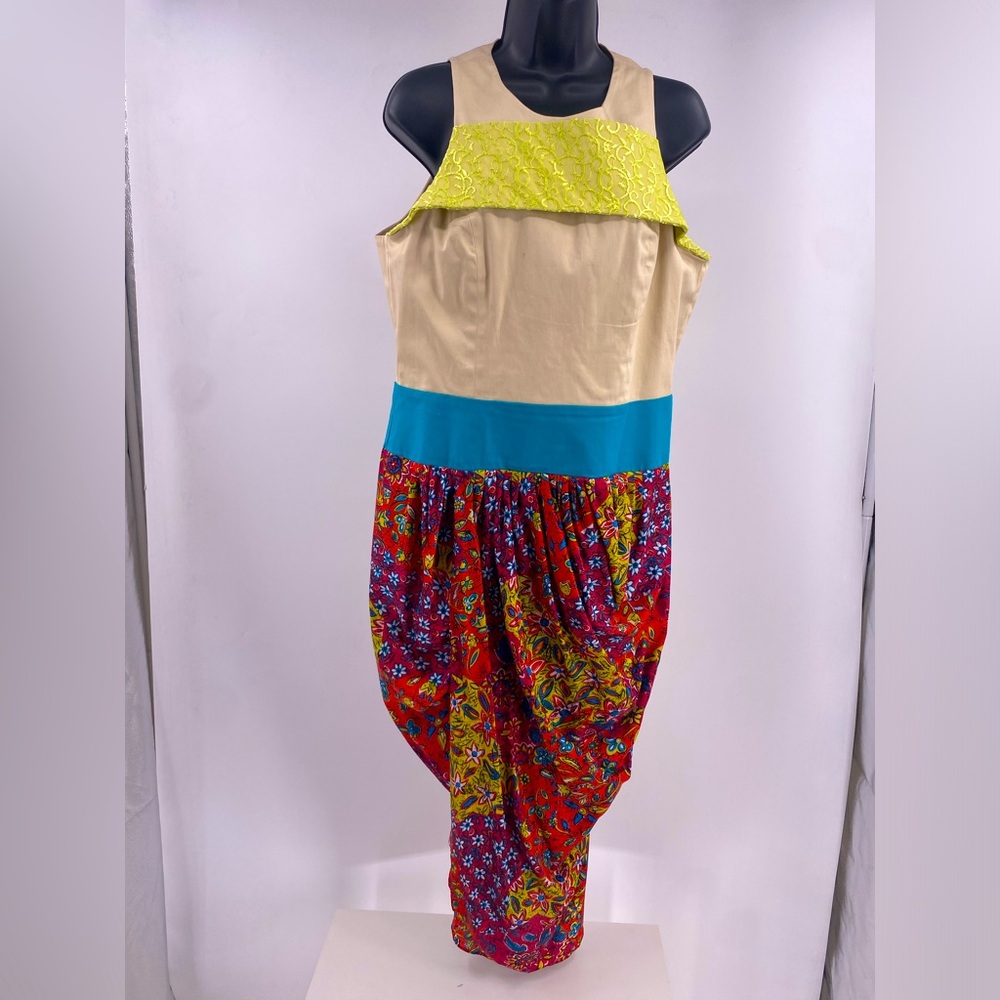 Lauren Damelian Dress Silk Indian Style Sarong Floral Yellow Blue Red Size 14